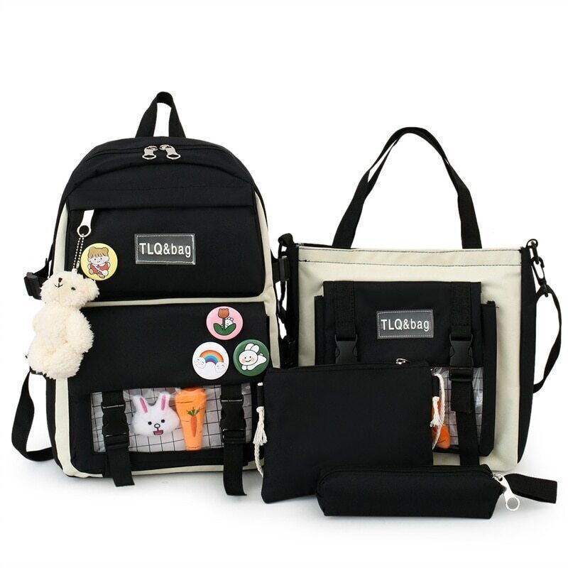 4 Pcs Sets Women Bag Women Backpack Book Bags Female with Plush Pendant
