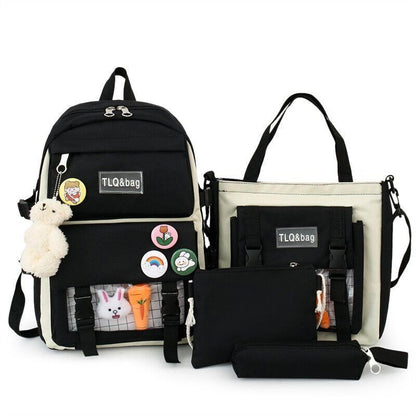 4 Pcs Sets Women Bag Women Backpack Book Bags Female with Plush Pendant
