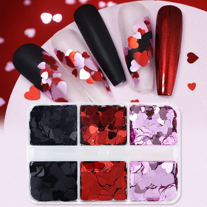 Nail Art Glitter 6 Grids Red Love Heart Sequins Flakes DIY Valentines Decoration