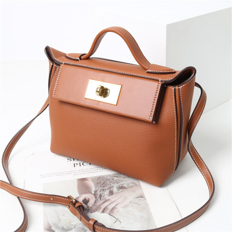 Small Real Leather Trapezoid Tote Handbag Flap Purse Shoulder bag Crossbody