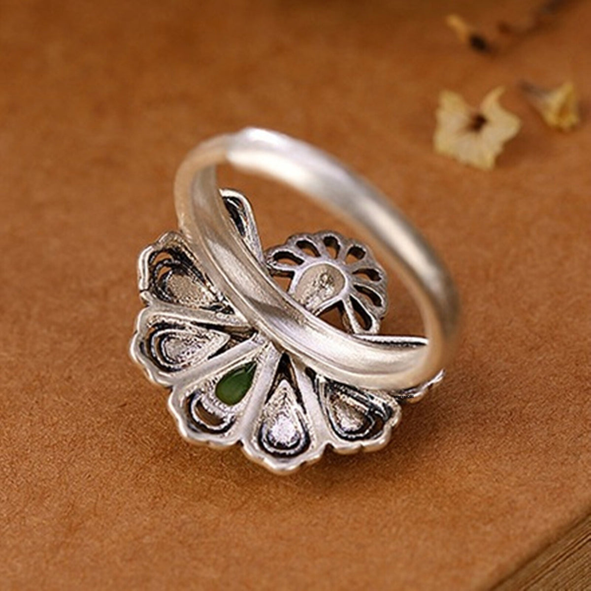 Natural Solid 925 Sterling Silver Jade Jasper Peacock Phoenix Women Lucky Ring