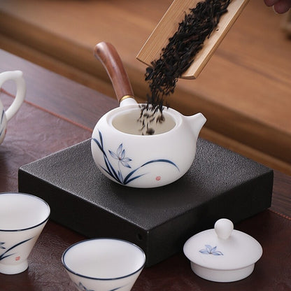 Boutique Fat Mutton Jade Porcelain Tea Set Hand Drawing Orchid Tea Pot Pitcher