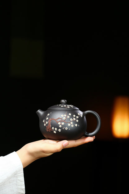 China Yixing Zisha Pottery Black Clay Handmade 450cc Plum Blossom Teapot