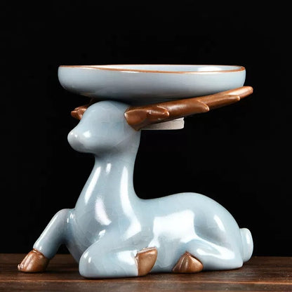 Tea Strainer Filter Net Deer Statue Holder Tea Pet Crackle Glaze Porcelain New