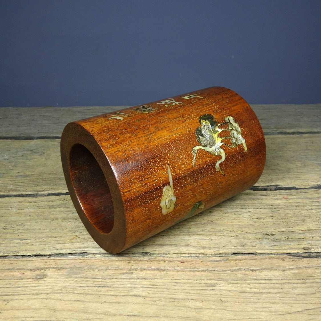 Vintage Rosewood Brush Pot, Inlaid Abalone Pine Crane, 15cm