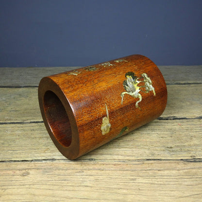 Vintage Rosewood Brush Pot, Inlaid Abalone Pine Crane, 15cm