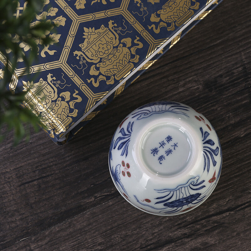 2.7" Chinese Blue-and-white Porcelain Red Glaze Lotus Pond Animal Fish Cup