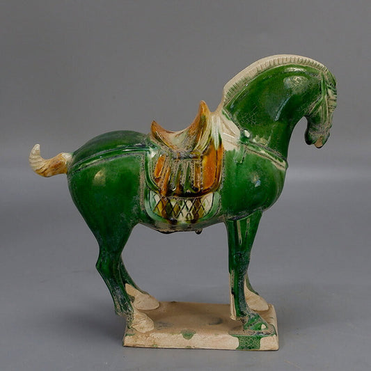 Chinese Tang Tri-Color Glazed Ceramics Green Porcelain Statue War Horse Model