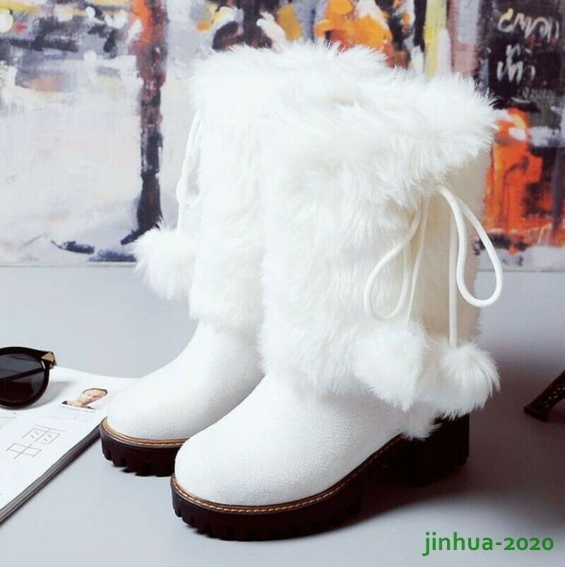 Winter Womens Girl Warm Fur POMPOM Snow Boots Block High Heels Shoes Ankle Boots