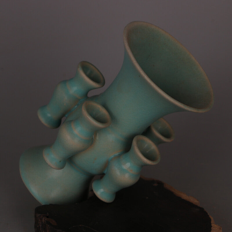 6.3" Collect Chinese Song Porcelain Ru Kiln Celeste Glaze Five Tube Flower Vase