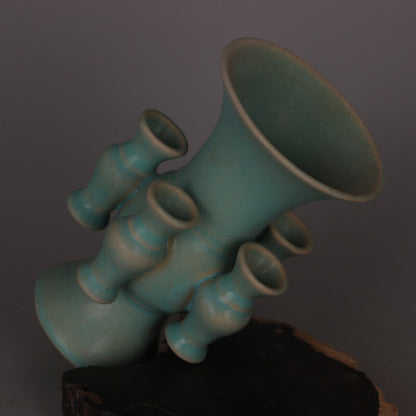 6.3" Collect Chinese Song Porcelain Ru Kiln Celeste Glaze Five Tube Flower Vase