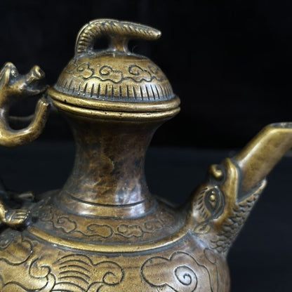 Vintage Brass Beast Handle Teapot Antique Collectible Bat Pattern 14cm