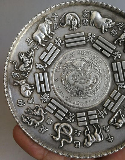 Chinese Tibetan Silver Zodiac Animal Statue Plate Collection of Ornaments