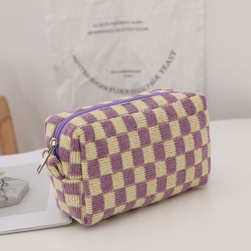 Checkerboard Knitted Cosmetic Bag Large Lattice Makeup Plaid Storage Organizer