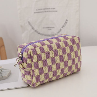 Checkerboard Knitted Cosmetic Bag Large Lattice Makeup Plaid Storage Organizer