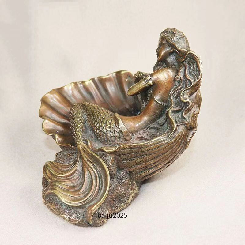 Brass Mermaid Statue Girl Ashtray Sculpture Home Table Decor