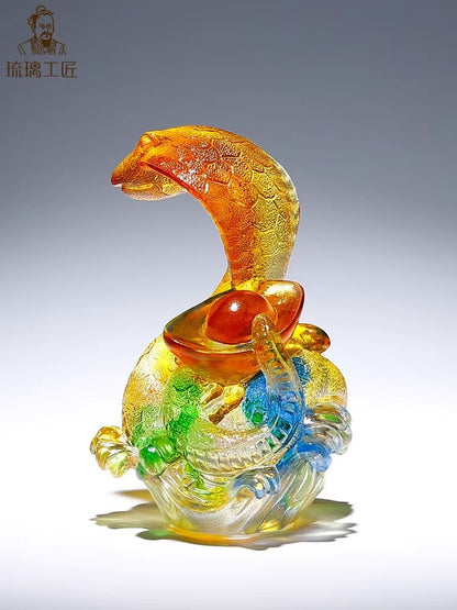 Real Chinese Liu Li Crystal Cobra Snake Statue Amulet Feng Shui Home Decor
