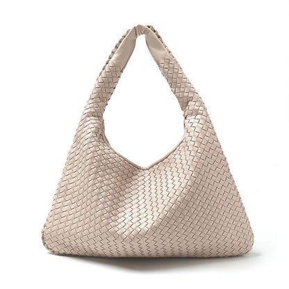 Leather Shoulder Bags Handmade Woven Handbag Big Capacity Patchwork Zipper Purse