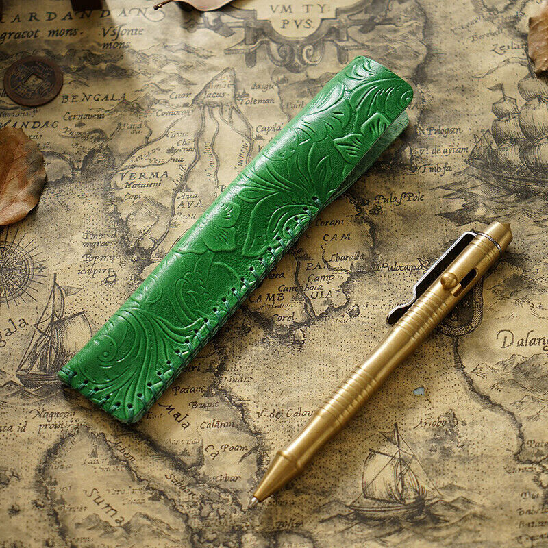 Portable Real Leather Pen Protector Bag Holder Pencil Case Handmade Carved Gifts
