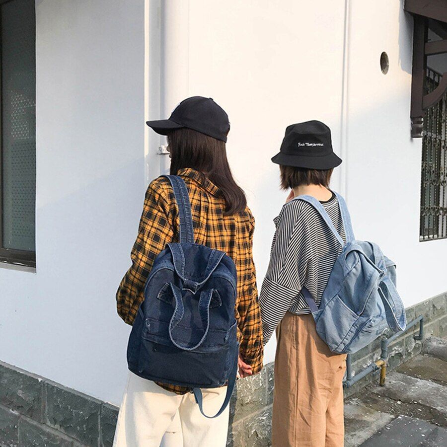 Denim School Bag Backpack High Capacity Traveling Bag 27*35*12 CM Blue Purse 1PC