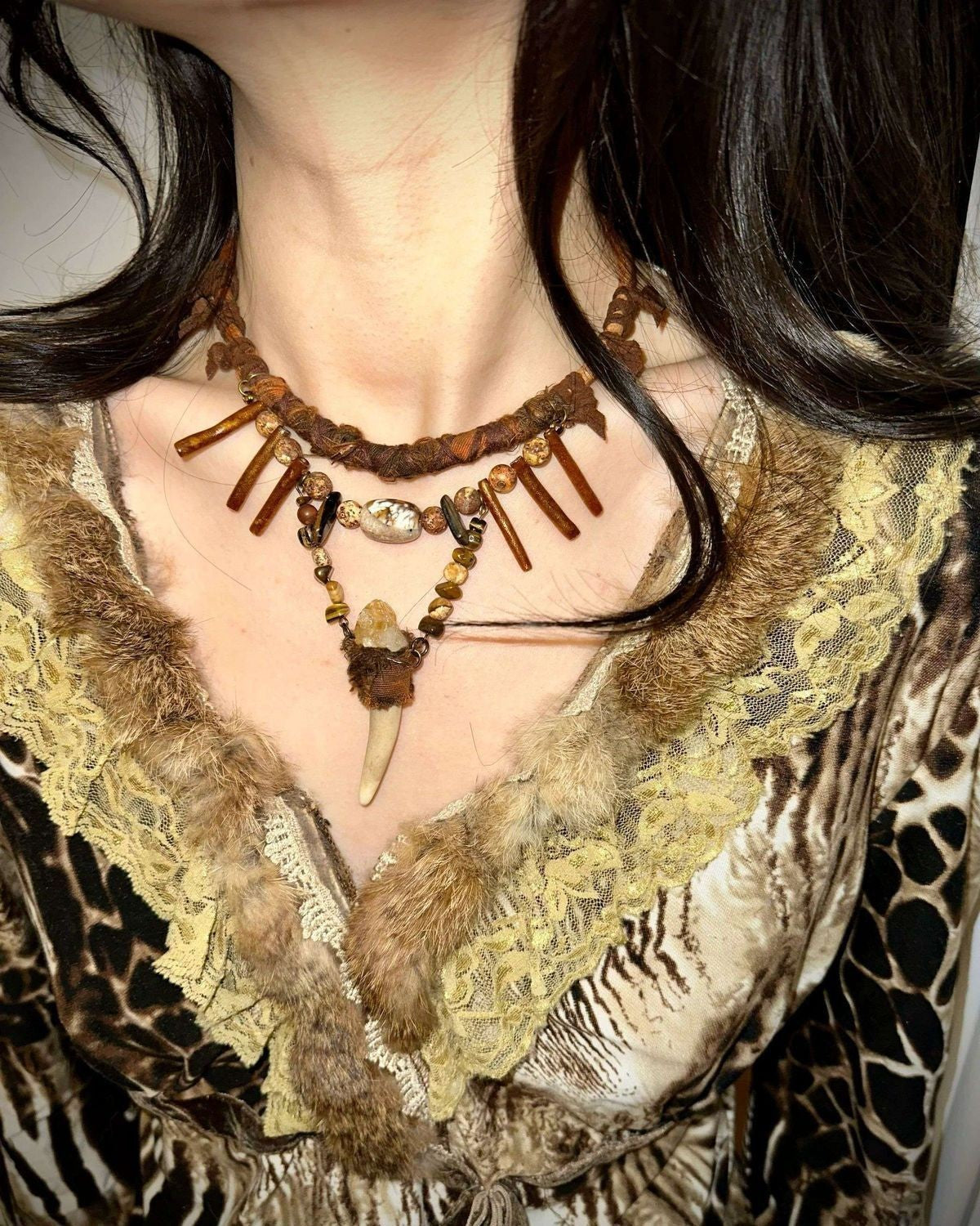Wasteland Tribal Style Fang & Crystal Pendant Boho Necklace