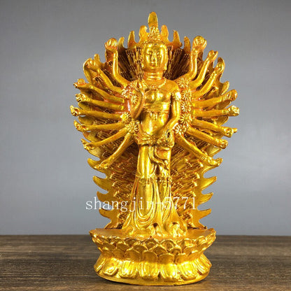 11.8cm Retro Copper Gilded Thousand-hand Guan Yin Buddha Statue Home Ornament