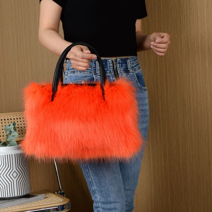 Winter Patchwork Leather Women's Ladies Long Plush Tote Bag