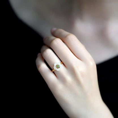 New Natural White Jade Flower Ring Women Adjustable Jewelry