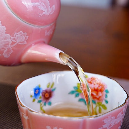 Porcelain Tea Set For Lady Pink Floral Print Tea Pot Matching Tea Cup Master Cup