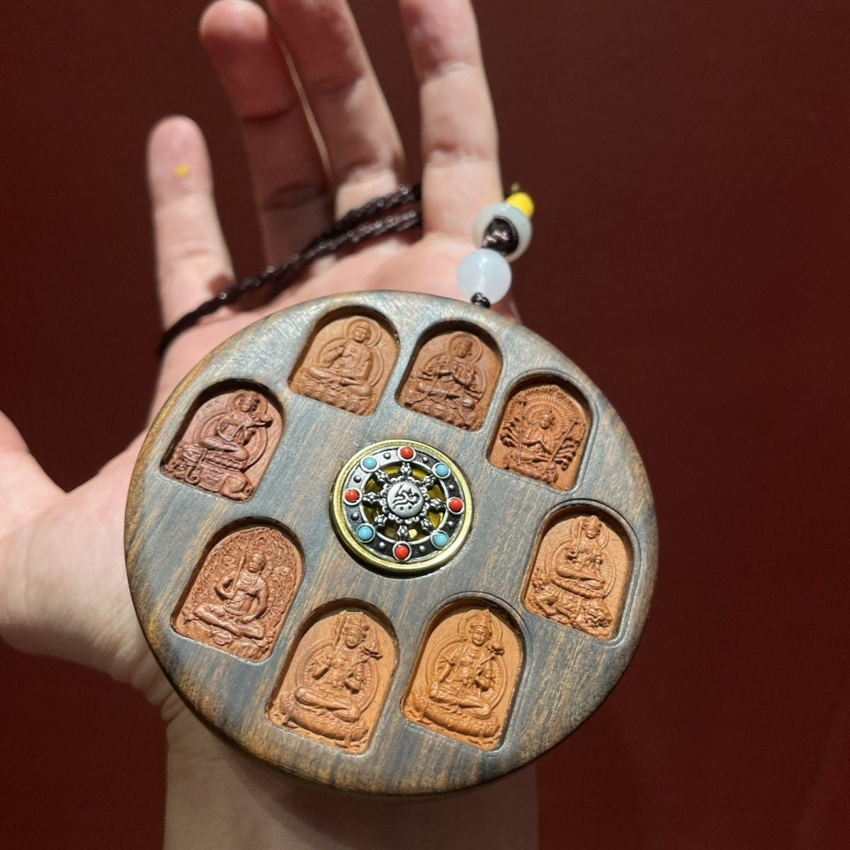 Wooden Eight Guardian Deities Pendant Rotatable Mantra Carved Ornament