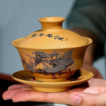 150ml Yixing Retro Landscape Hand-Painted Segment Mud Tea Set Handmade Gaiwan