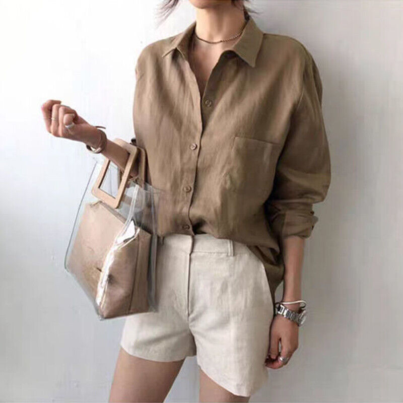 Womens V Neck Solid Linen Shirt Blouse Ladies Long Sleeve Casual Baggy Tops Tee