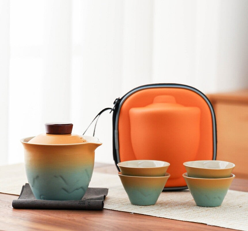 Travel Tea Set With Portable Bag Porcelain Tea Pot 4 Matching Tea Cups Towel New
