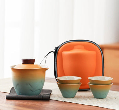 Travel Tea Set With Portable Bag Porcelain Tea Pot 4 Matching Tea Cups Towel New