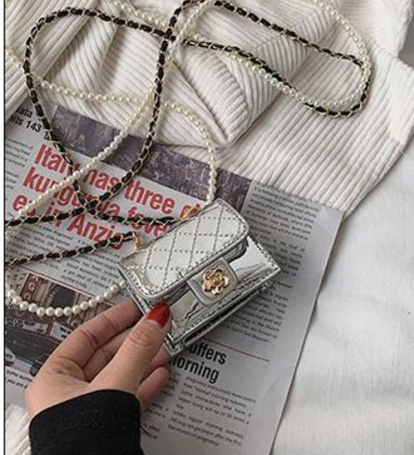 Leather Bag Women Hanging Neck Bags Earphone/Lipstick/Keys bag Pearls Waist Pack