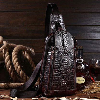 100% Genuine Leather Crocodile Pattern Crossbody Bag Sling Backpack for Hiking