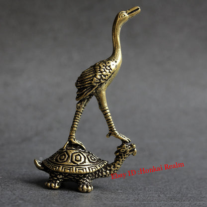 Solid Brass Turtle & Crane Figurine Miniature Vintage Turtle Tea Pet Ornament