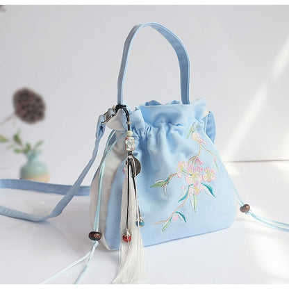 Embroidered Shoulder Bag Flower Bunch Mouth Tassel Exquisite Handbag Polyester
