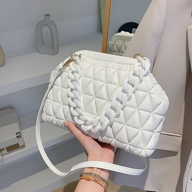 Summer Crossbody Bag Thick Chain Quilted Shoulder Bag Plaid Cloud Totes Clutch
