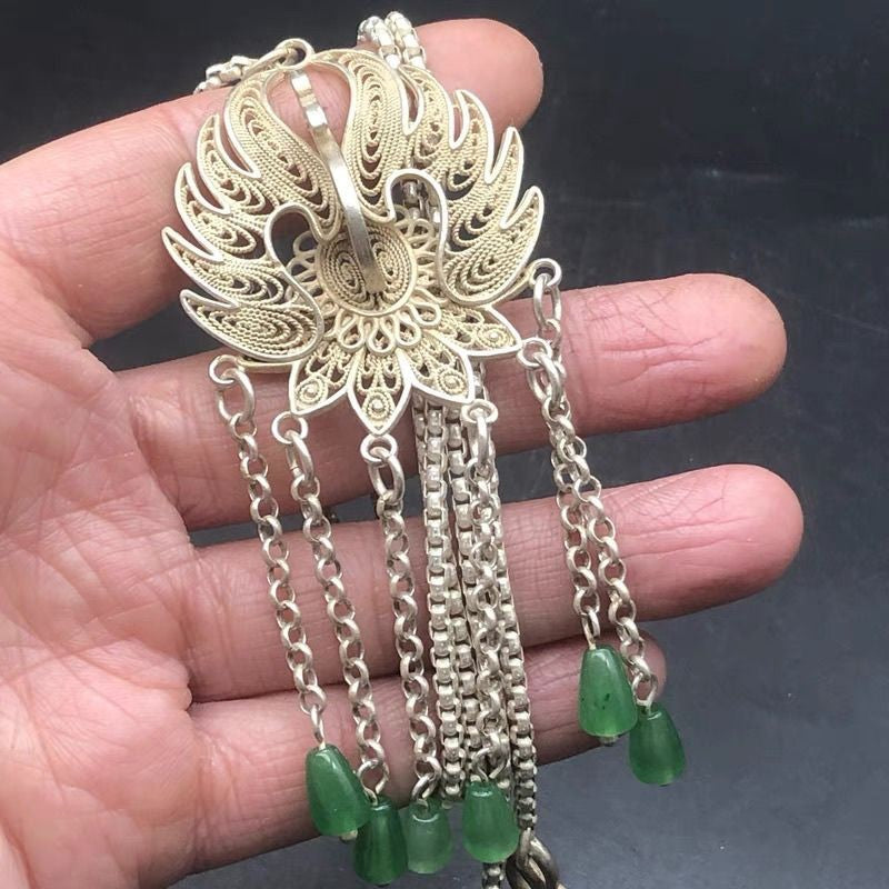 Vintage Peacock Filigree Pendant Necklace Silver-Plated 33cm Long Sweater Chain