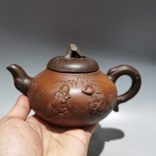 7" Chinese Yixing Zisha Pottery Gold Section Clay 380CC Hand Made Figure Teapot