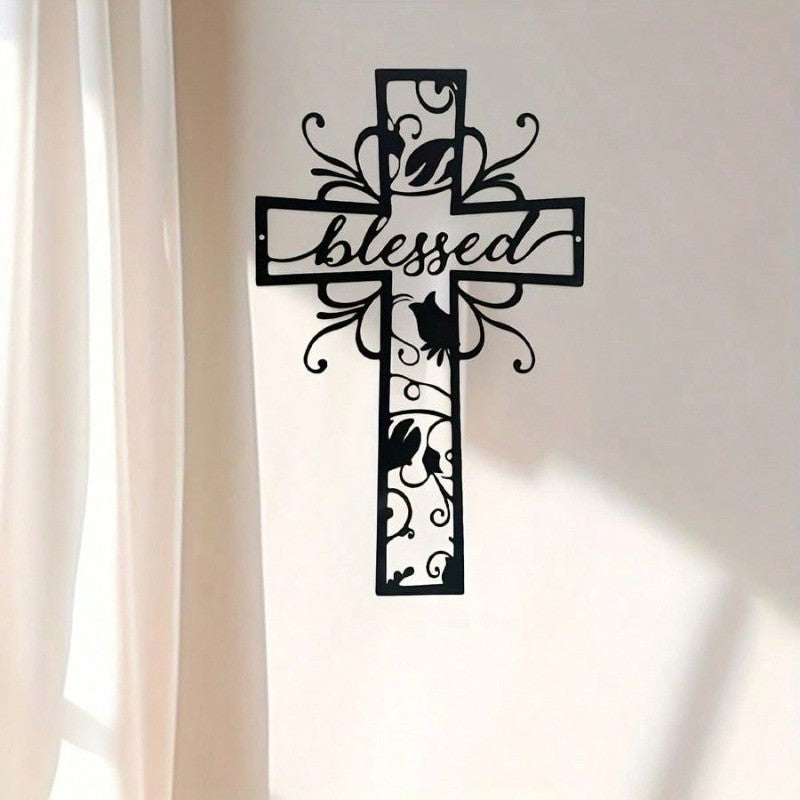 CIFbuy Cross with Clover & Branch Metal Wall Art - Rustproof Modern Home Decor