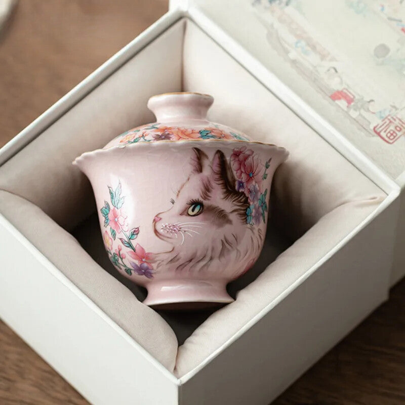 Pink Ru Kiln Flower Cat Gaiwan Tea Tureen Tea Cup Tea Maker Kung Fu Tea Set