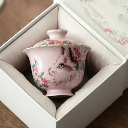 Pink Ru Kiln Flower Cat Gaiwan Tea Tureen Tea Cup Tea Maker Kung Fu Tea Set