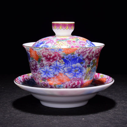 150ml Jingdezhen Porcelain Gaiwan Flowers Blossom Color Crafts Cup Bowl Tea Set