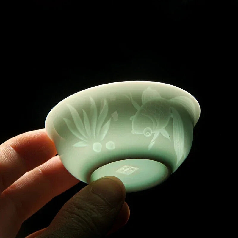 New China Kungfu Teacups Green/Azure Plum Bamboo Celadon Pu'er Master Tea Cup