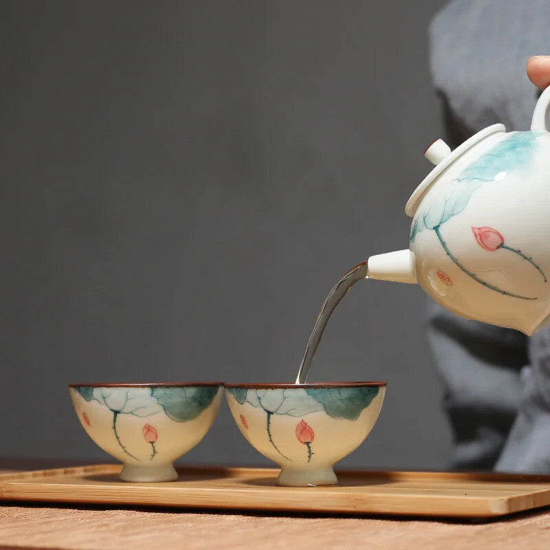 Ceramic Teacup Cup Hand Painted Lotus Tea Bowl Master Cup Handmade Tea Set