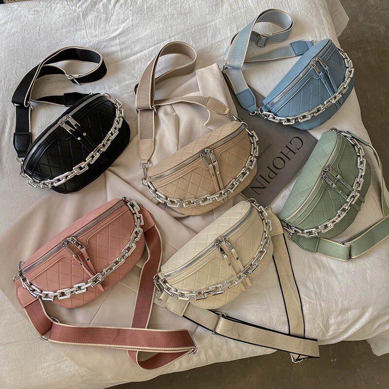 Thick Chain Waist Bag Women Leather Fanny Chest Bag Belt Shoulder Crossbody Bags