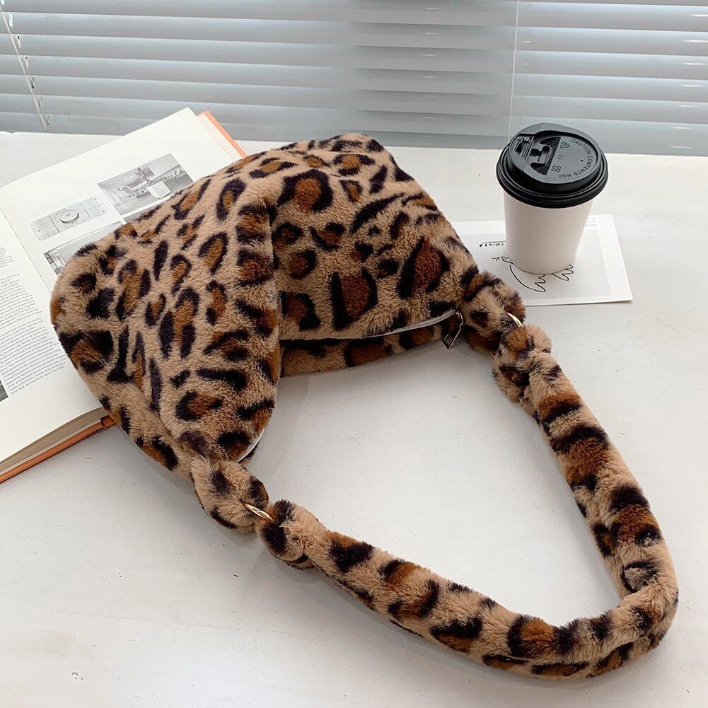 Cow Print Underarm Bag Soft Plush Pink Small Fluffy Shoulder Purse 25*17*7 CM