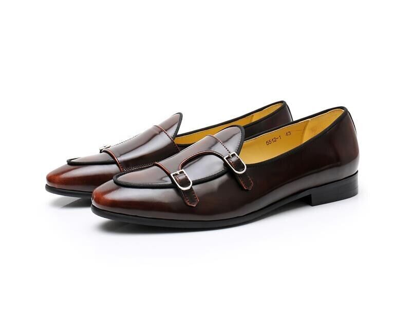 Men Loafers Leather Round Toe Low Heel Double Buckle Business Dress Shoes
